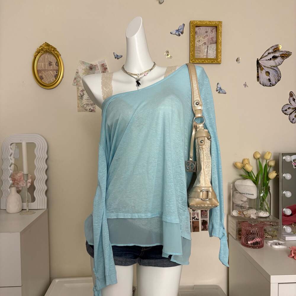 Zac & Rachel Light Blue Off Shoulder Layered Top Y2K Fairycore Whimsigoth Tie Sl
